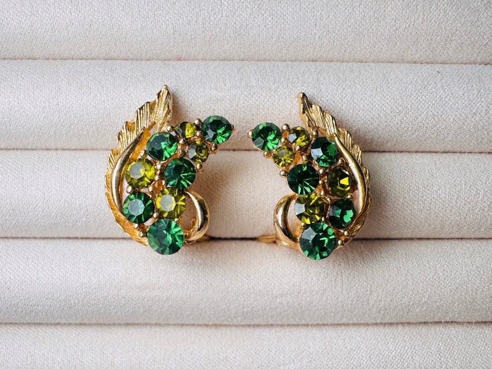 Green Cocktail Earrings, Vintage Gold Leaf Earrings with Green Crystals, Retro 60s Glam Holiday Sparkle Statement Clip On Earrings