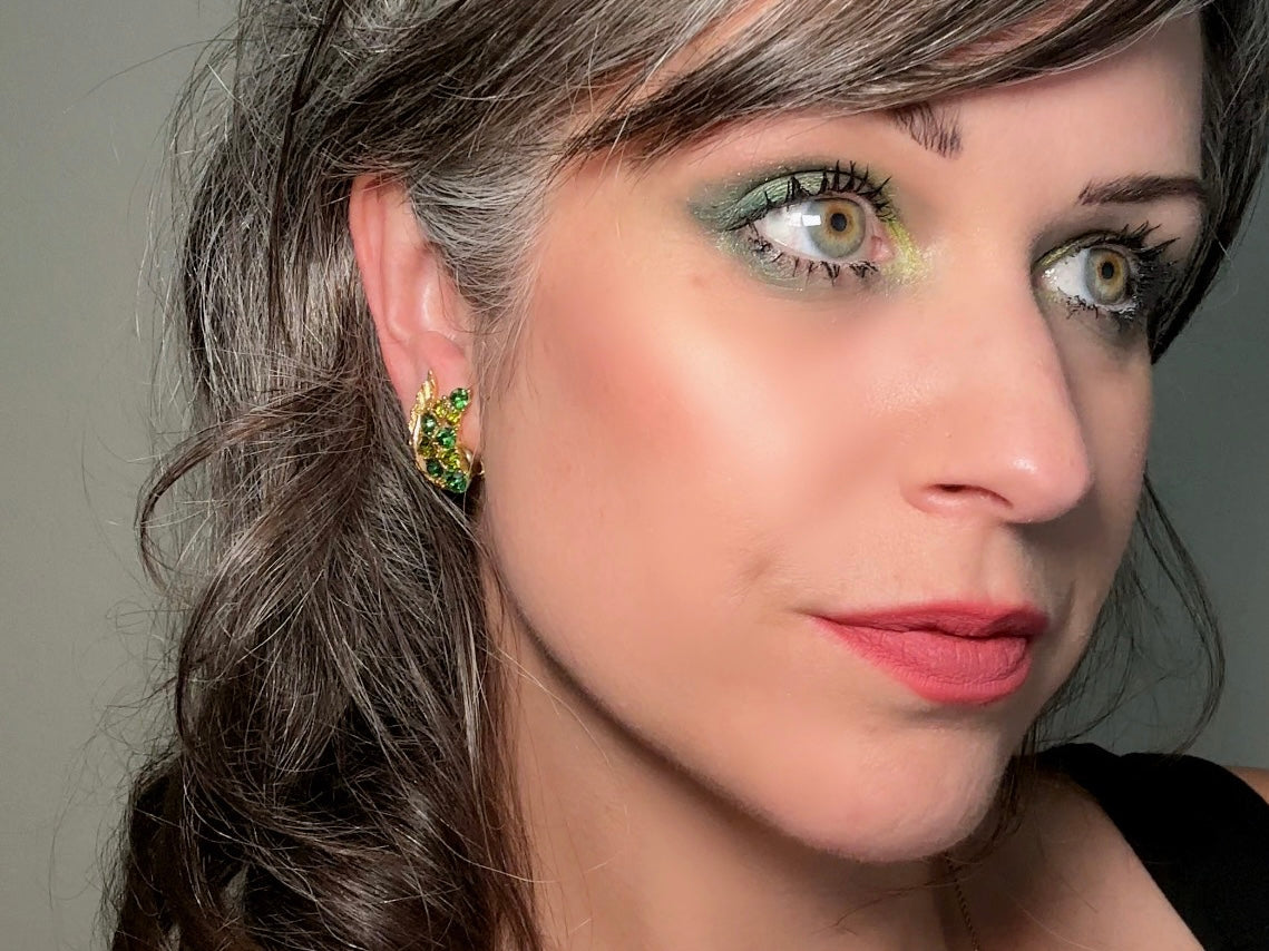 Green Cocktail Earrings, Vintage Gold Leaf Earrings with Green Crystals, Retro 60s Glam Holiday Sparkle Statement Clip On Earrings