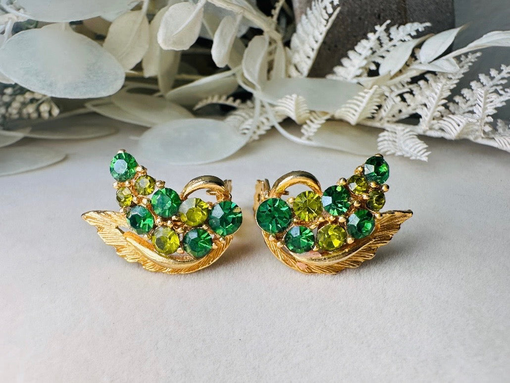 Green Cocktail Earrings, Vintage Gold Leaf Earrings with Green Crystals, Retro 60s Glam Holiday Sparkle Statement Clip On Earrings