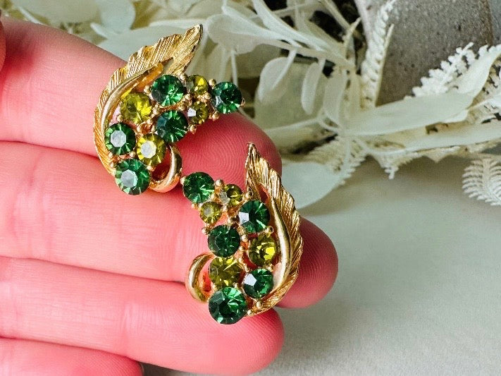 Green Cocktail Earrings, Vintage Gold Leaf Earrings with Green Crystals, Retro 60s Glam Holiday Sparkle Statement Clip On Earrings