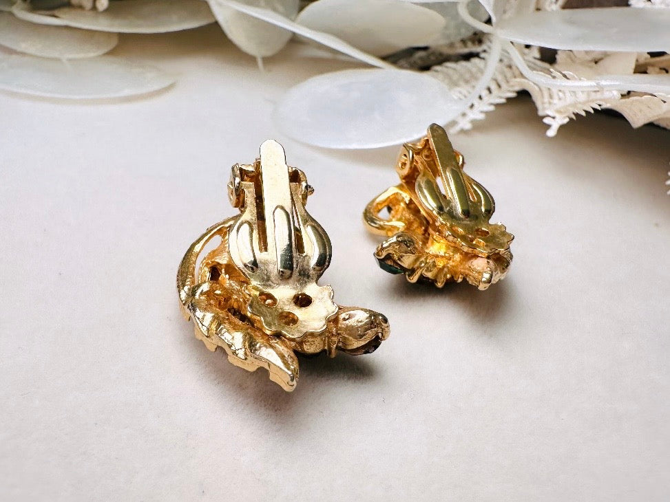 Green Cocktail Earrings, Vintage Gold Leaf Earrings with Green Crystals, Retro 60s Glam Holiday Sparkle Statement Clip On Earrings