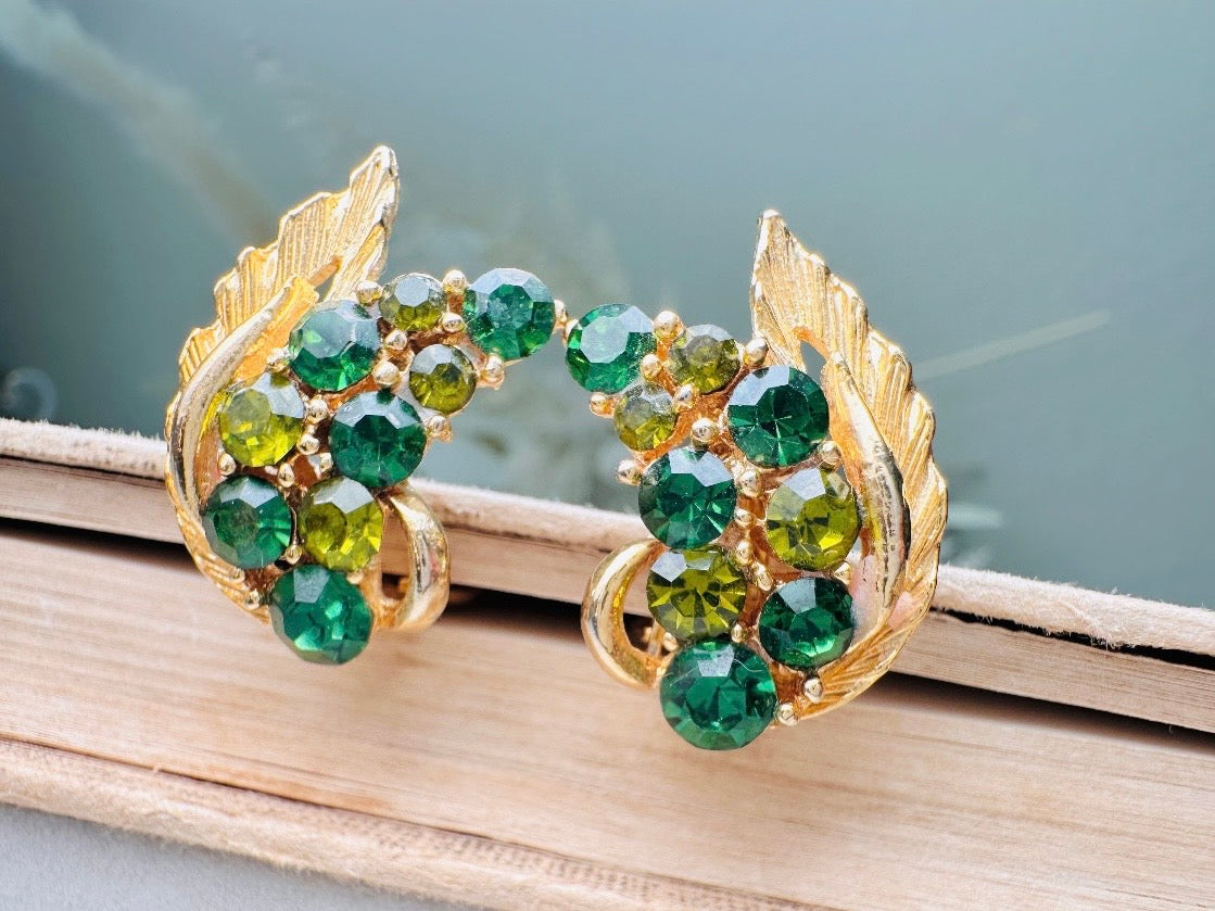 Green Cocktail Earrings, Vintage Gold Leaf Earrings with Green Crystals, Retro 60s Glam Holiday Sparkle Statement Clip On Earrings