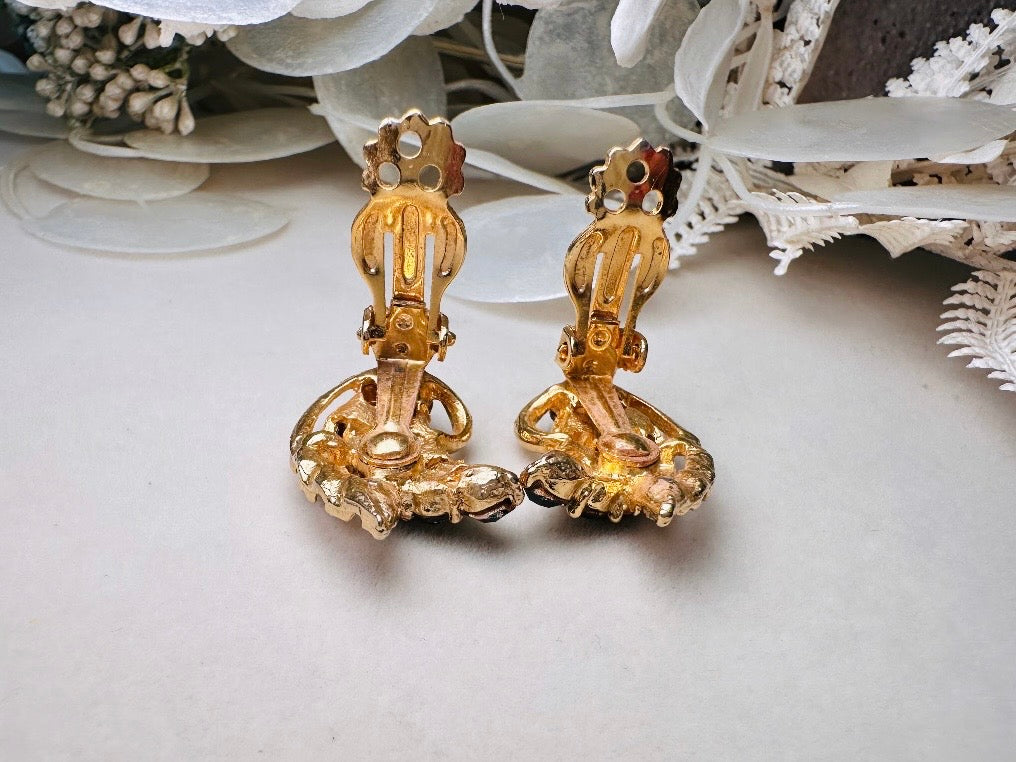 Green Cocktail Earrings, Vintage Gold Leaf Earrings with Green Crystals, Retro 60s Glam Holiday Sparkle Statement Clip On Earrings