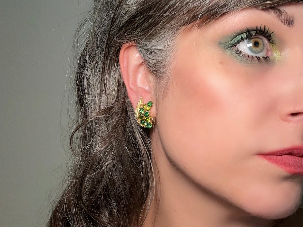 Green Cocktail Earrings, Vintage Gold Leaf Earrings with Green Crystals, Retro 60s Glam Holiday Sparkle Statement Clip On Earrings