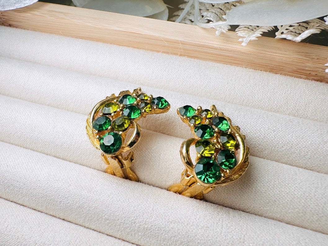 Green Cocktail Earrings, Vintage Gold Leaf Earrings with Green Crystals, Retro 60s Glam Holiday Sparkle Statement Clip On Earrings