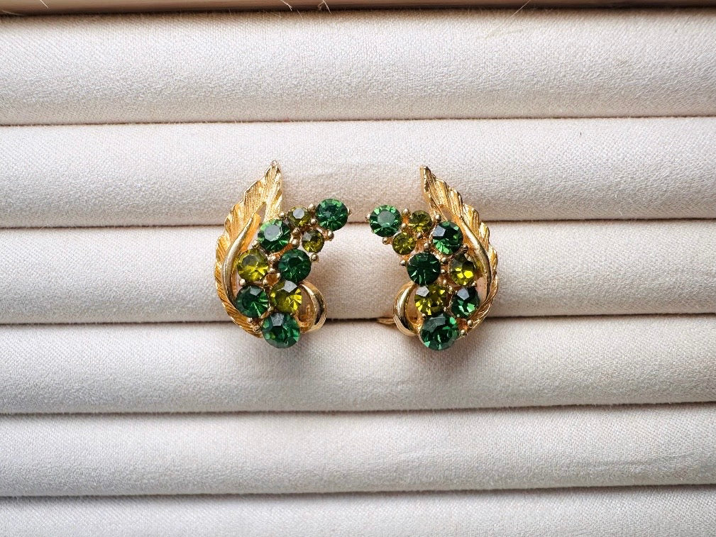 Green Cocktail Earrings, Vintage Gold Leaf Earrings with Green Crystals, Retro 60s Glam Holiday Sparkle Statement Clip On Earrings