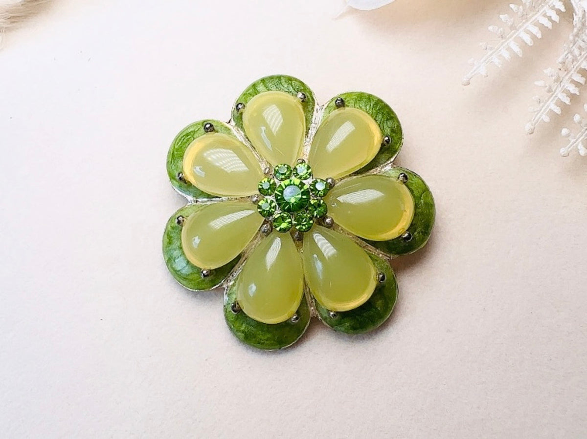 Green Flower Brooch,  1960s Jelly Belly Mod Floral Enamel Pin in  Vibrant Green with Rhinestone Center