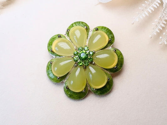 Green Flower Brooch,  1960s Jelly Belly Mod Floral Enamel Pin in  Vibrant Green with Rhinestone Center
