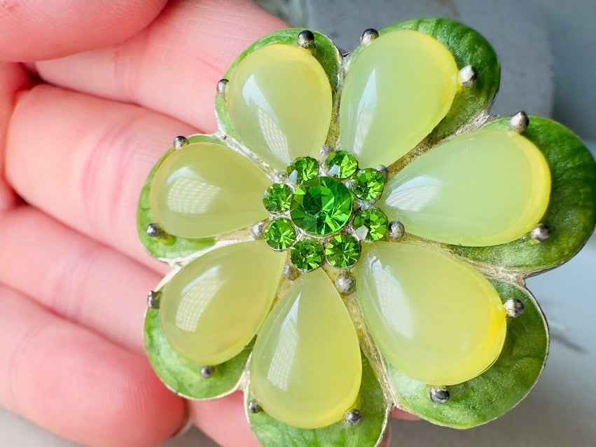 Green Flower Brooch,  1960s Jelly Belly Mod Floral Enamel Pin in  Vibrant Green with Rhinestone Center