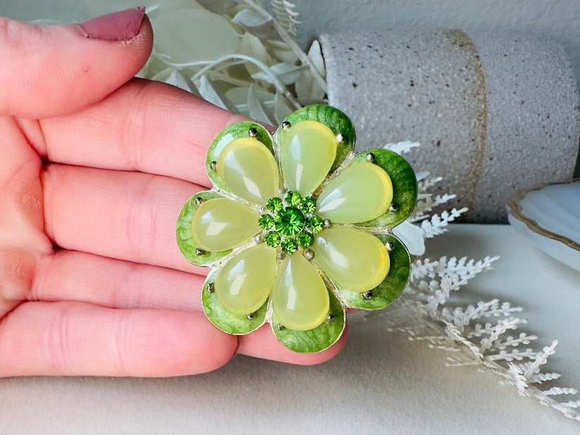 Green Flower Brooch,  1960s Jelly Belly Mod Floral Enamel Pin in  Vibrant Green with Rhinestone Center