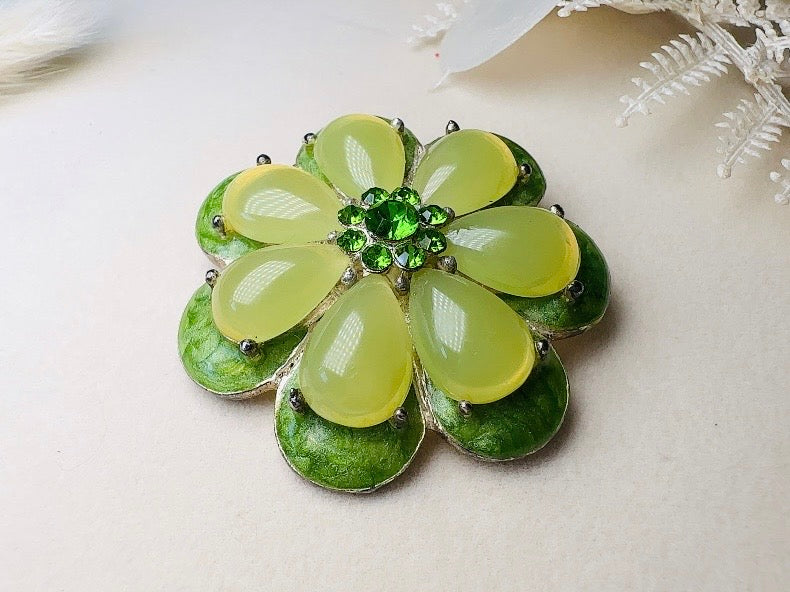 Green Flower Brooch,  1960s Jelly Belly Mod Floral Enamel Pin in  Vibrant Green with Rhinestone Center