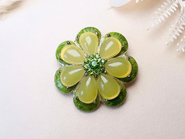 Green Flower Brooch,  1960s Jelly Belly Mod Floral Enamel Pin in  Vibrant Green with Rhinestone Center