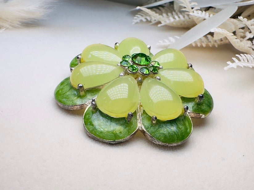 Green Flower Brooch,  1960s Jelly Belly Mod Floral Enamel Pin in  Vibrant Green with Rhinestone Center