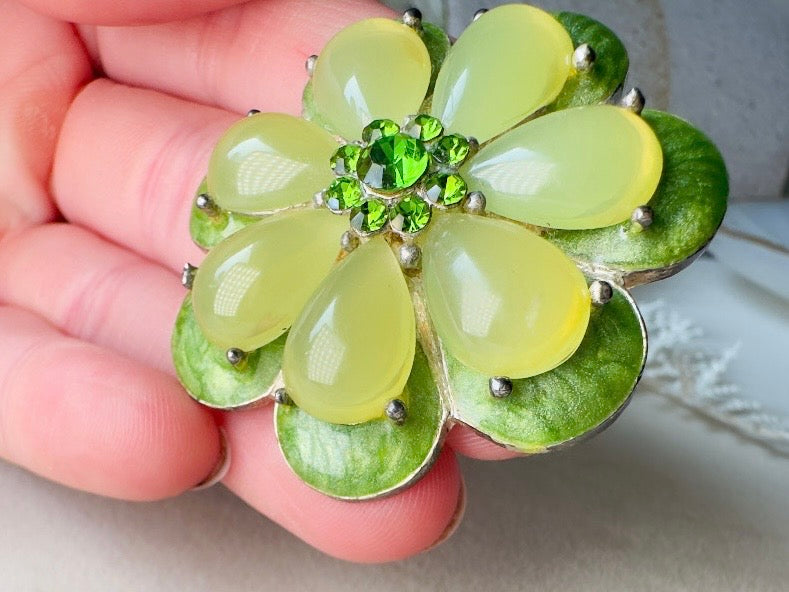 Green Flower Brooch,  1960s Jelly Belly Mod Floral Enamel Pin in  Vibrant Green with Rhinestone Center