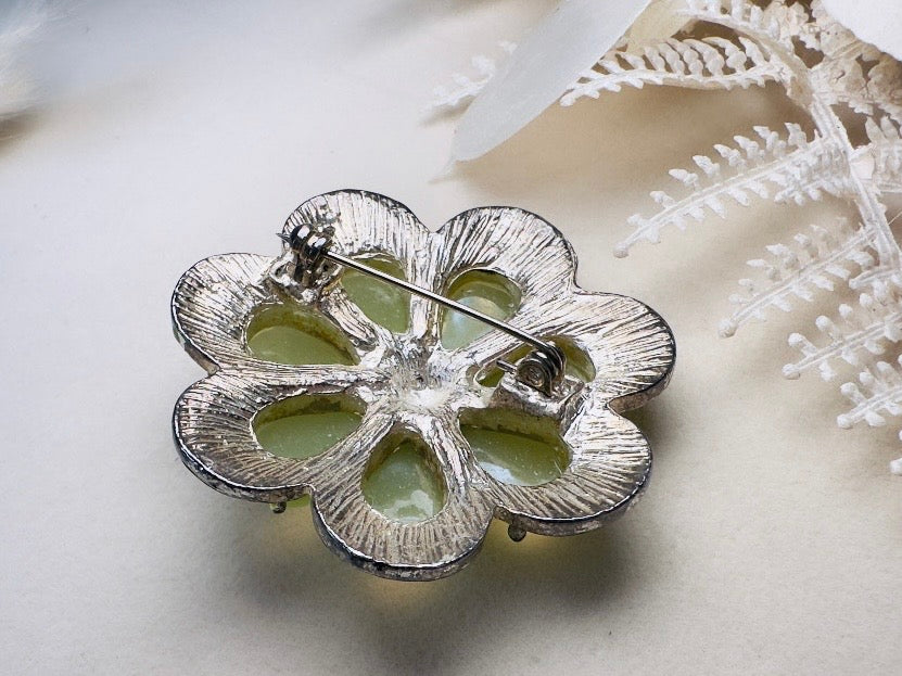 Green Flower Brooch,  1960s Jelly Belly Mod Floral Enamel Pin in  Vibrant Green with Rhinestone Center