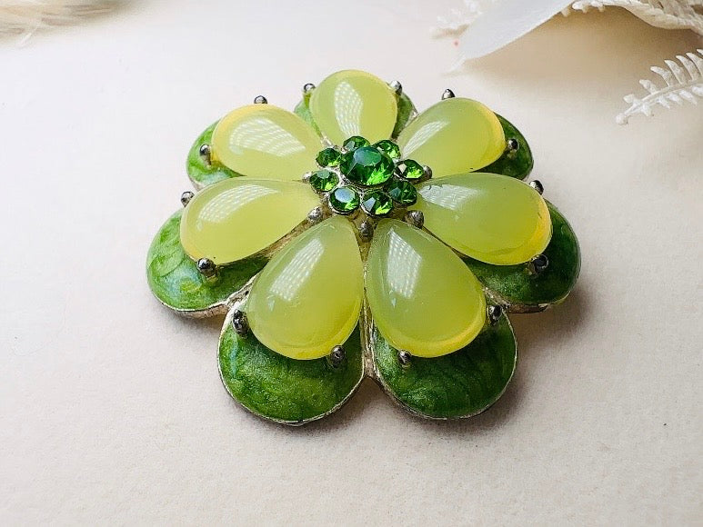 Green Flower Brooch,  1960s Jelly Belly Mod Floral Enamel Pin in  Vibrant Green with Rhinestone Center