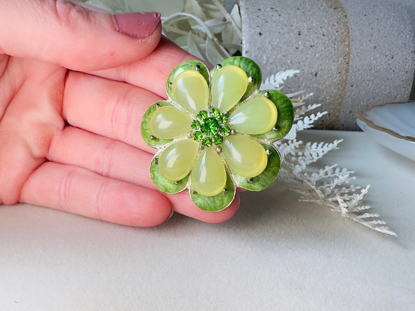Green Flower Brooch,  1960s Jelly Belly Mod Floral Enamel Pin in  Vibrant Green with Rhinestone Center