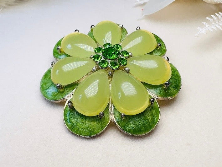 Green Flower Brooch,  1960s Jelly Belly Mod Floral Enamel Pin in  Vibrant Green with Rhinestone Center