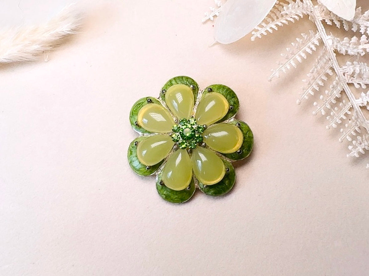Green Flower Brooch,  1960s Jelly Belly Mod Floral Enamel Pin in  Vibrant Green with Rhinestone Center