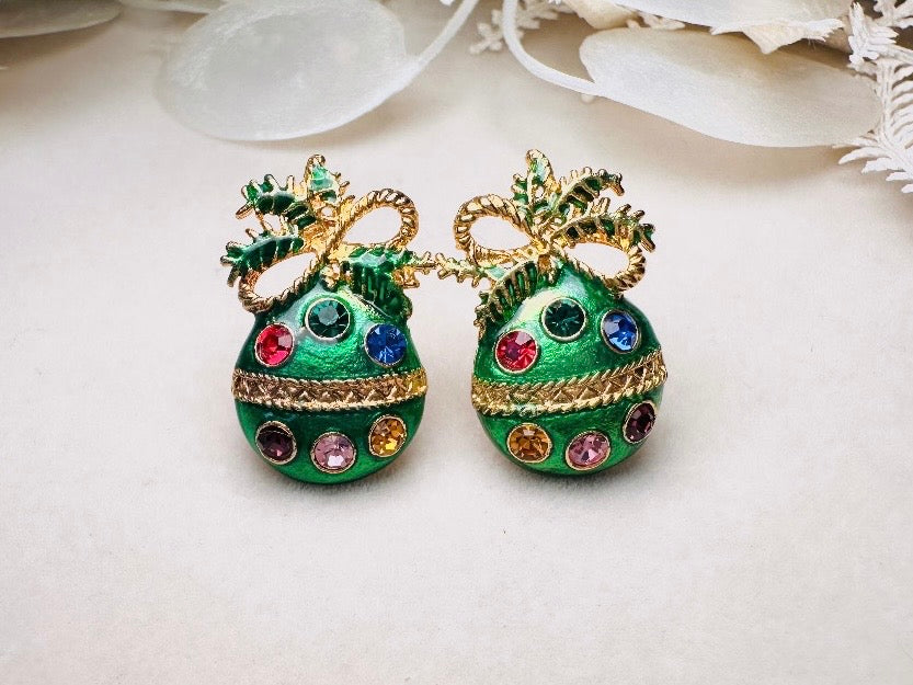 Green Ornament Earrings, 60s Vintage Holiday Post Earrings with Gold Bow, Faceted Crystals and Enamel