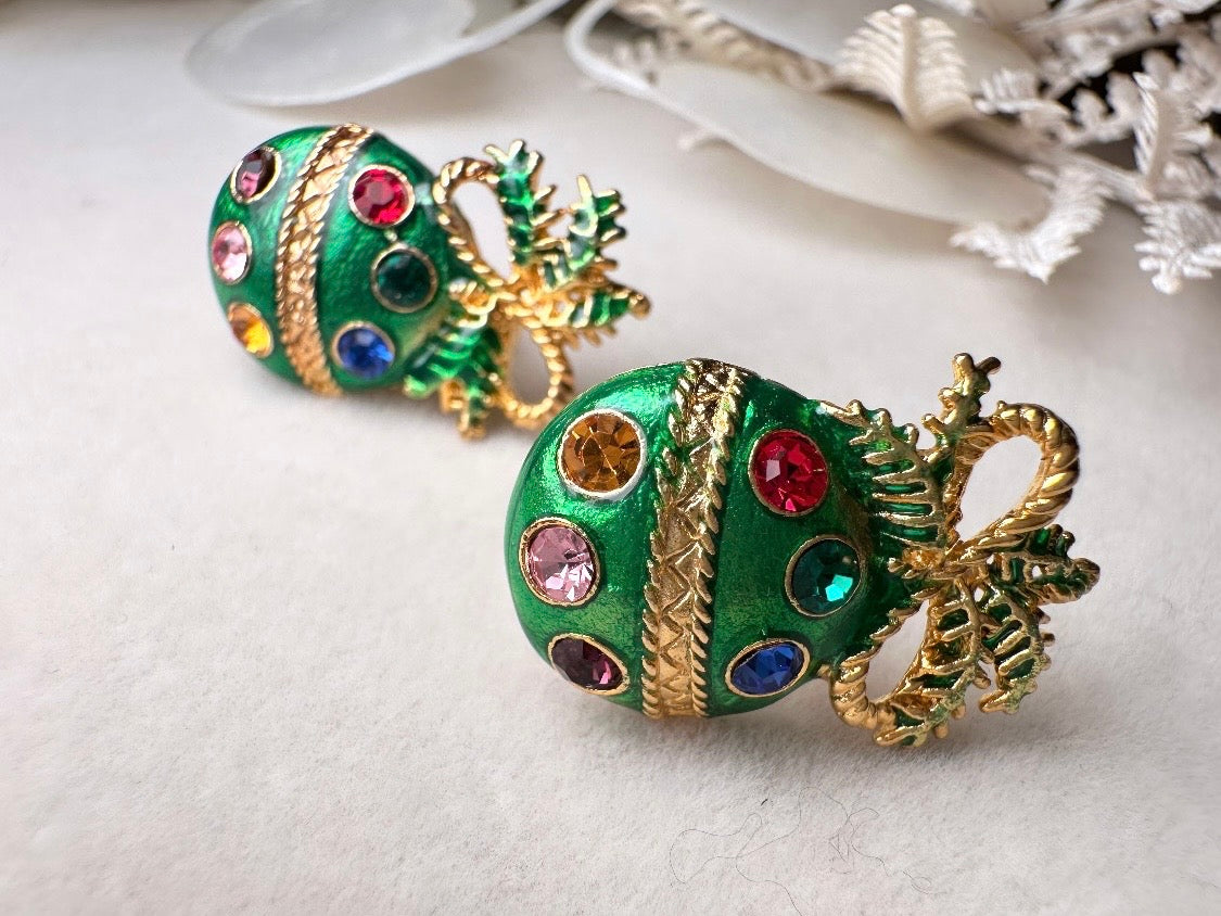 Green Ornament Earrings, 60s Vintage Holiday Post Earrings with Gold Bow, Faceted Crystals and Enamel