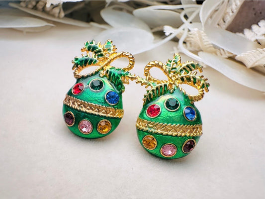 Green Ornament Earrings, 60s Vintage Holiday Post Earrings with Gold Bow, Faceted Crystals and Enamel