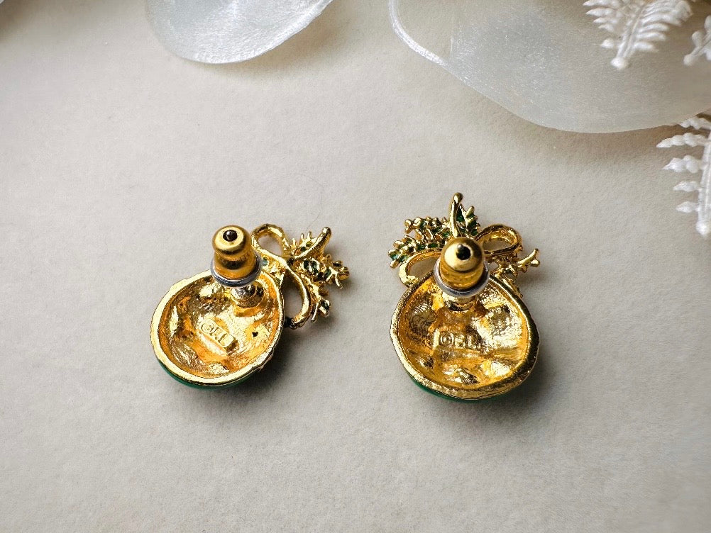 Green Ornament Earrings, 60s Vintage Holiday Post Earrings with Gold Bow, Faceted Crystals and Enamel