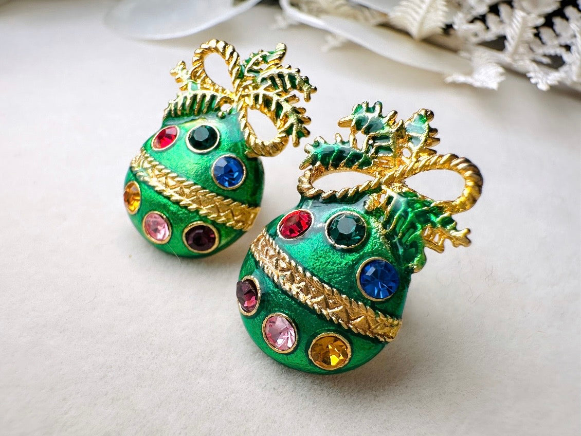 Green Ornament Earrings, 60s Vintage Holiday Post Earrings with Gold Bow, Faceted Crystals and Enamel