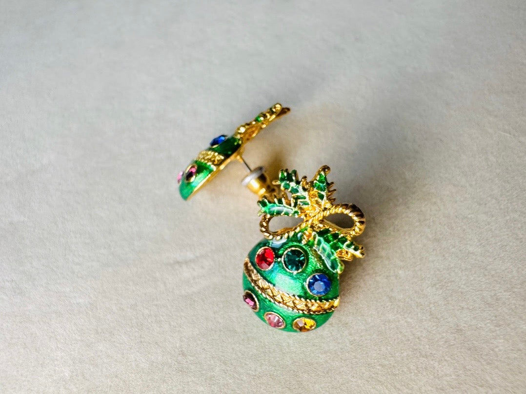 Green Ornament Earrings, 60s Vintage Holiday Post Earrings with Gold Bow, Faceted Crystals and Enamel