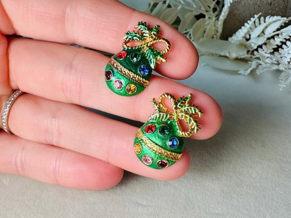 Green Ornament Earrings, 60s Vintage Holiday Post Earrings with Gold Bow, Faceted Crystals and Enamel