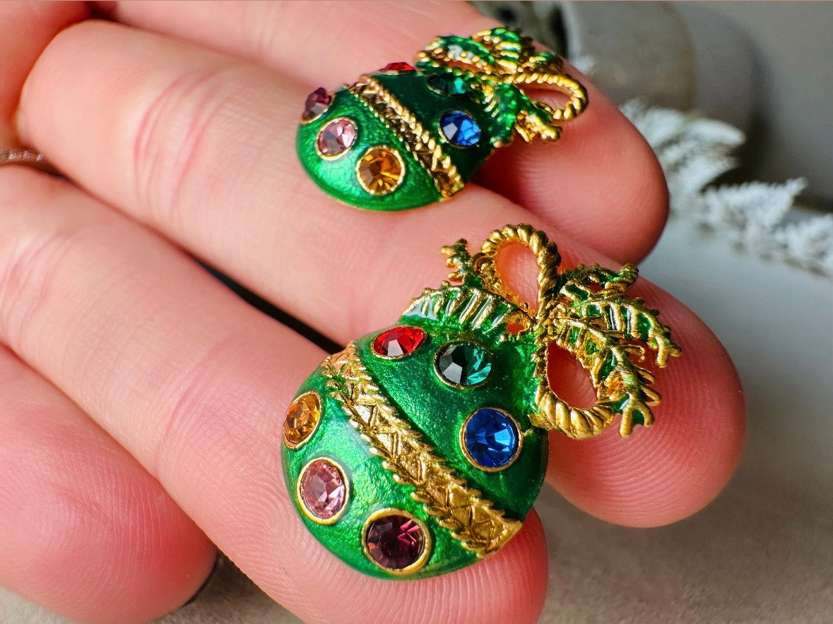Green Ornament Earrings, 60s Vintage Holiday Post Earrings with Gold Bow, Faceted Crystals and Enamel