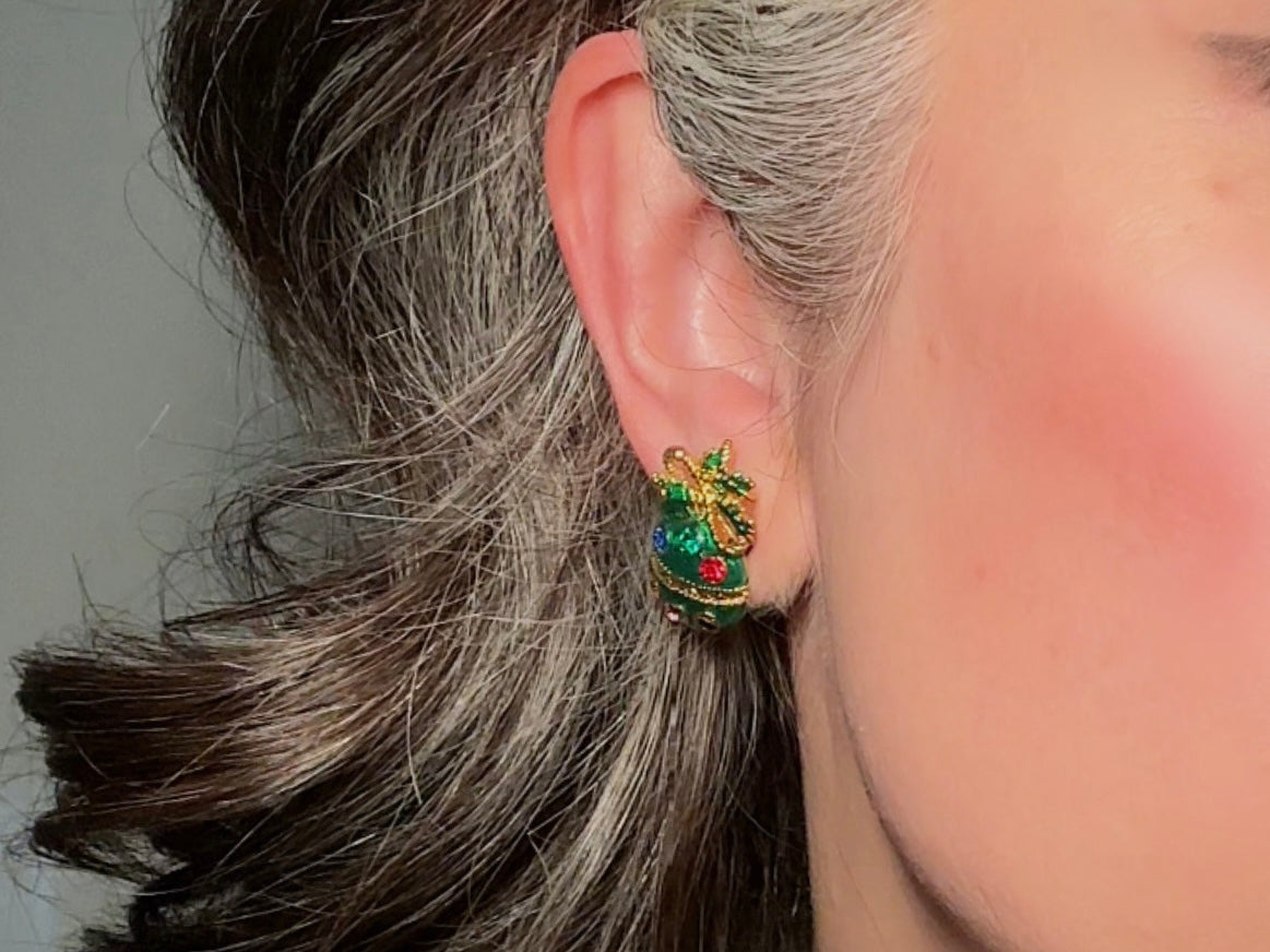 Green Ornament Earrings, 60s Vintage Holiday Post Earrings with Gold Bow, Faceted Crystals and Enamel