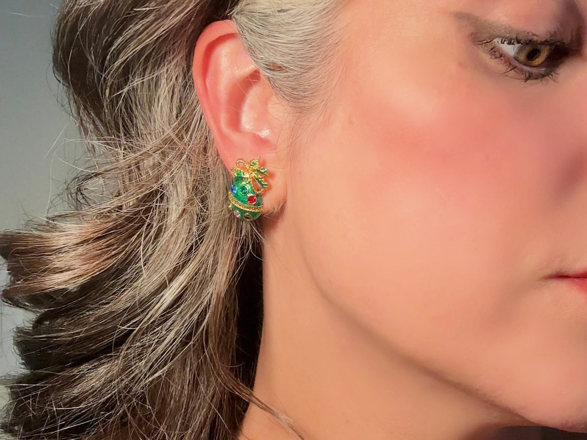 Green Ornament Earrings, 60s Vintage Holiday Post Earrings with Gold Bow, Faceted Crystals and Enamel
