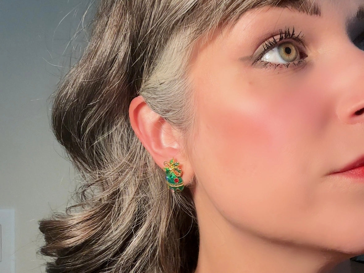 Green Ornament Earrings, 60s Vintage Holiday Post Earrings with Gold Bow, Faceted Crystals and Enamel