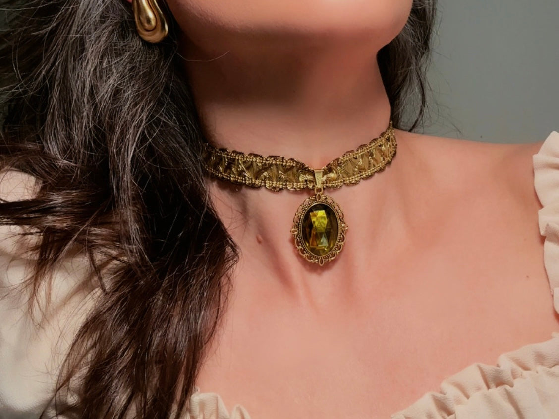 Green Victorian Choker, Handmade Wuthering Heights Chartreuse and Gold Vintage Ribbon Necklace with Olivine Glass Pendant