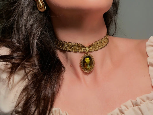 Green Victorian Choker, Handmade Wuthering Heights Chartreuse and Gold Vintage Ribbon Necklace with Olivine Glass Pendant