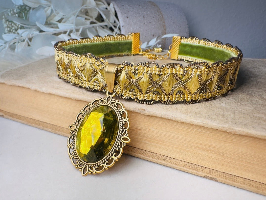 Green Victorian Choker, Handmade Wuthering Heights Chartreuse and Gold Vintage Ribbon Necklace with Olivine Glass Pendant