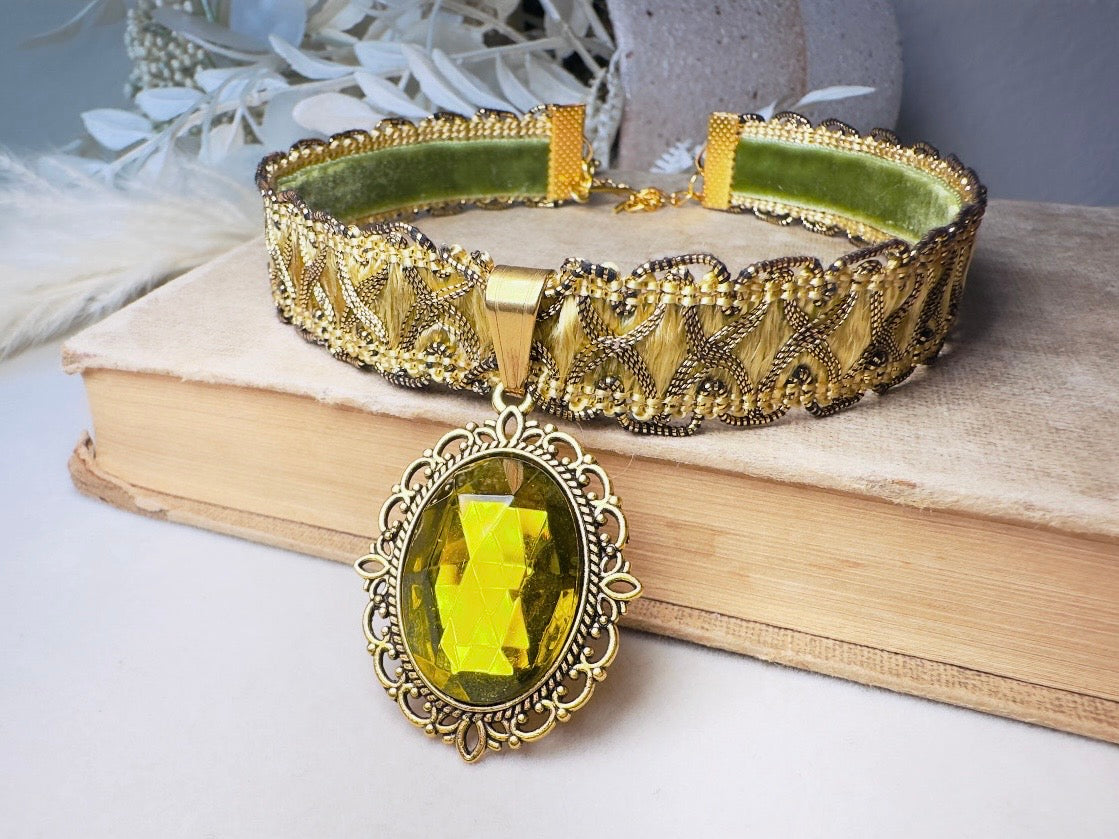 Green Victorian Choker, Handmade Wuthering Heights Chartreuse and Gold Vintage Ribbon Necklace with Olivine Glass Pendant