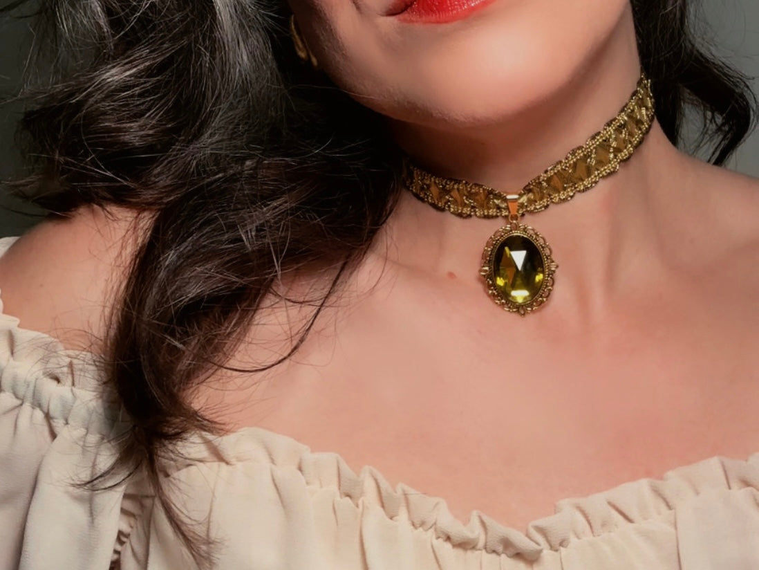 Green Victorian Choker, Handmade Wuthering Heights Chartreuse and Gold Vintage Ribbon Necklace with Olivine Glass Pendant