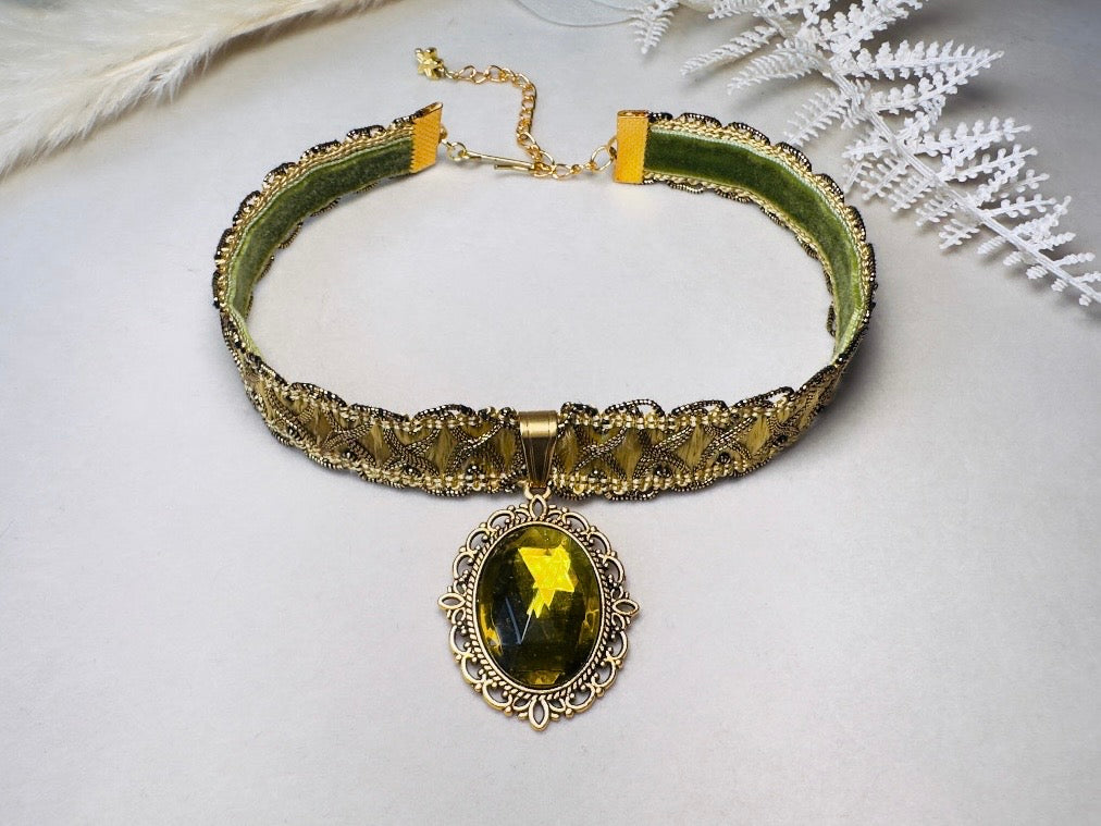 Green Victorian Choker, Handmade Wuthering Heights Chartreuse and Gold Vintage Ribbon Necklace with Olivine Glass Pendant