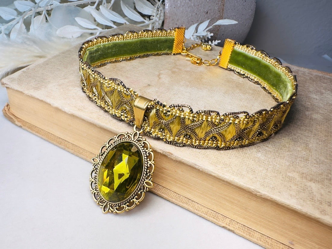 Green Victorian Choker, Handmade Wuthering Heights Chartreuse and Gold Vintage Ribbon Necklace with Olivine Glass Pendant