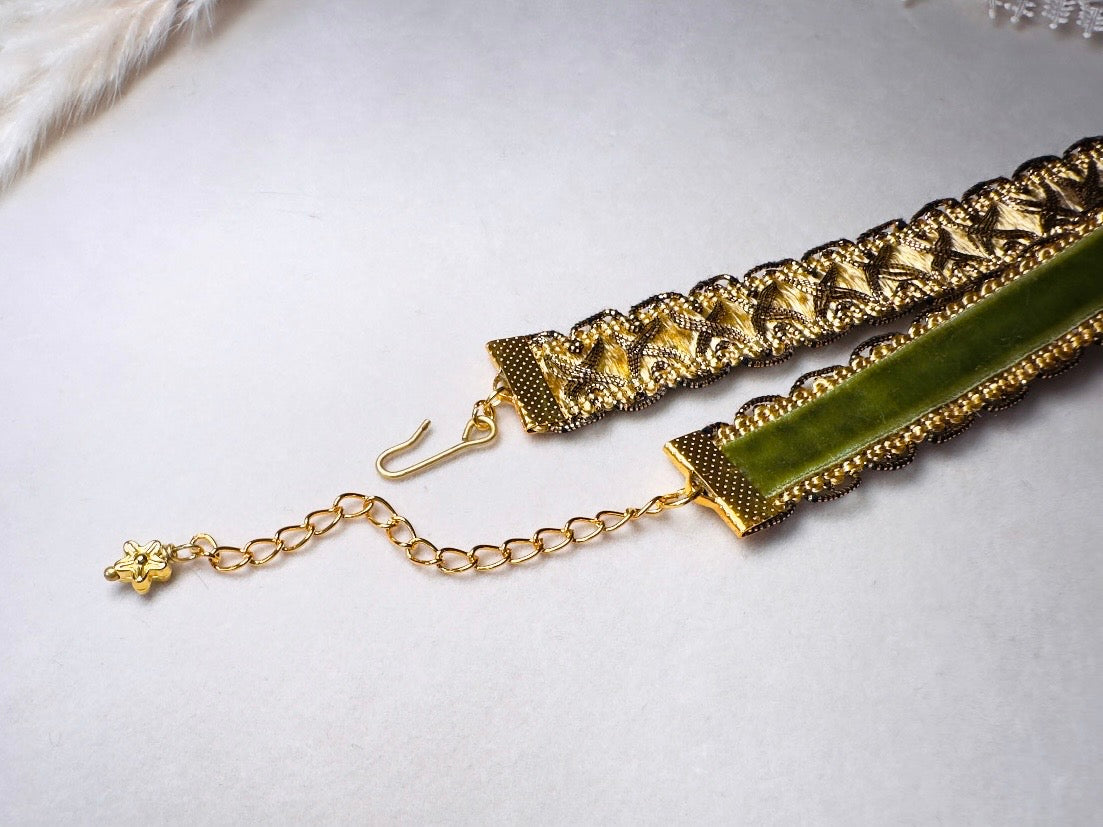 Green Victorian Choker, Handmade Wuthering Heights Chartreuse and Gold Vintage Ribbon Necklace with Olivine Glass Pendant