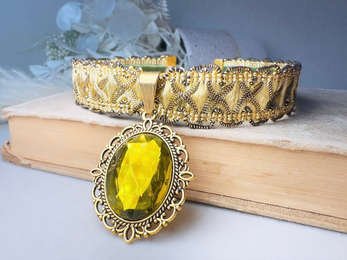 Green Victorian Choker, Handmade Wuthering Heights Chartreuse and Gold Vintage Ribbon Necklace with Olivine Glass Pendant