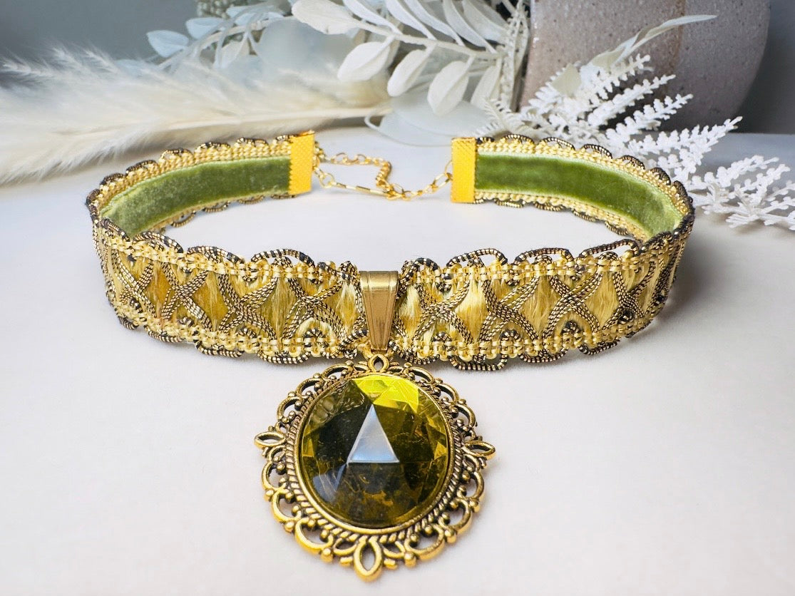 Green Victorian Choker, Handmade Wuthering Heights Chartreuse and Gold Vintage Ribbon Necklace with Olivine Glass Pendant