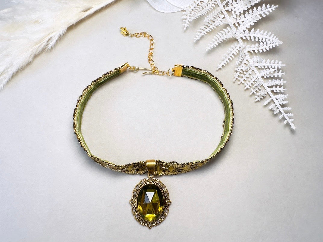 Green Victorian Choker, Handmade Wuthering Heights Chartreuse and Gold Vintage Ribbon Necklace with Olivine Glass Pendant
