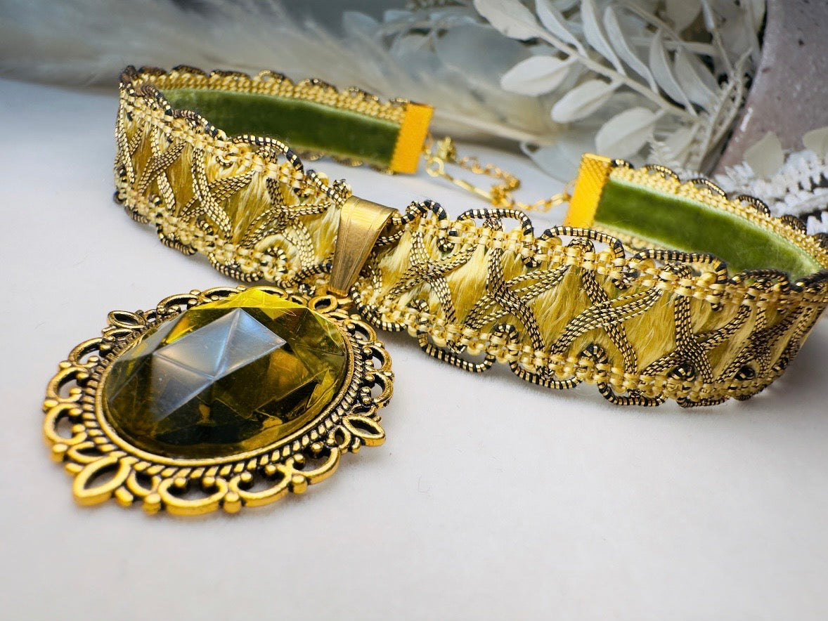 Green Victorian Choker, Handmade Wuthering Heights Chartreuse and Gold Vintage Ribbon Necklace with Olivine Glass Pendant