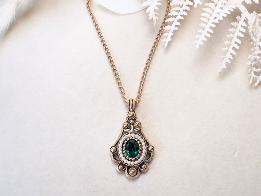 Green Victorian Necklace, Vintage Versailles Avon Necklace with Green Rhinestone and Faux Pearls