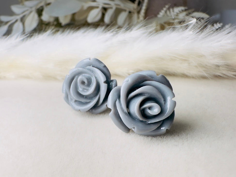 Grey Rose Earrings, Big Resin Flower Stud Earrings in Charcoal Grey