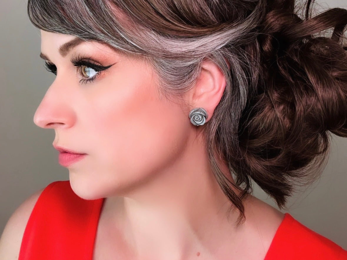 Grey Rose Earrings, Big Resin Flower Stud Earrings in Charcoal Grey