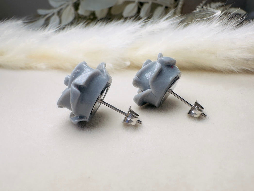 Grey Rose Earrings, Big Resin Flower Stud Earrings in Charcoal Grey